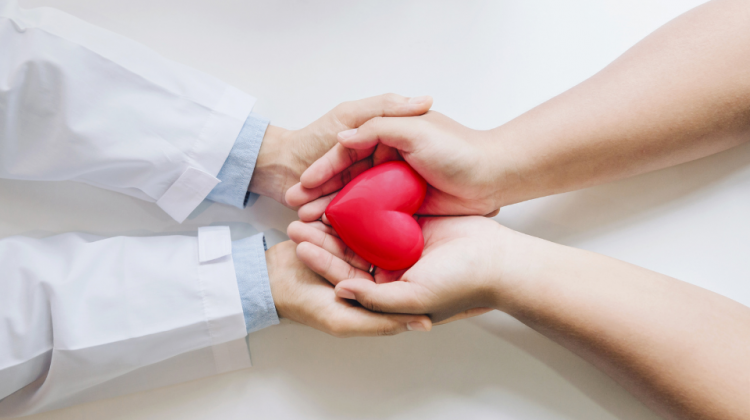 Zwei Menschen halten gemeinsam ein rotes Herzsymbol in ihren Händen – Symbol für Vertrauen, medizinische Fürsorge und das Arzt-Patienten-Verhältnis.